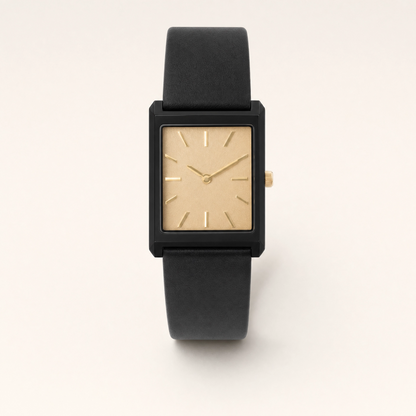 26mm Rectangular Quartz Watch with Black Leather Strap and Light Dial