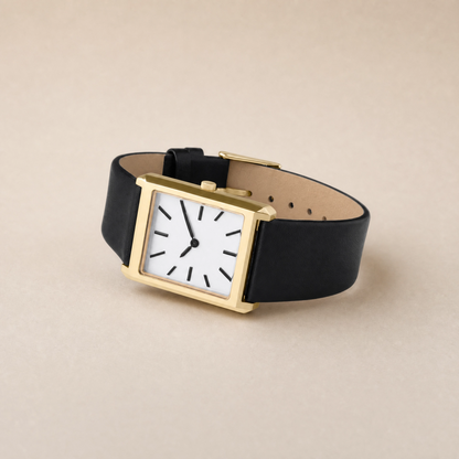 26mm Rectangular Quartz Watch with Black Leather Strap and Warm-Tone Case