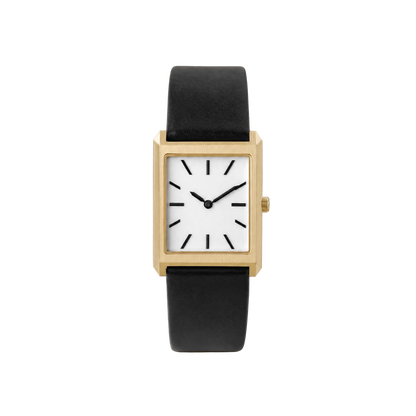 26mm Rectangular Quartz Watch with Black Leather Strap and Warm-Tone Case