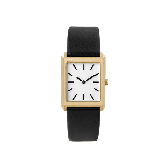 26mm Rectangular Quartz Watch with Black Leather Strap and Warm-Tone Case