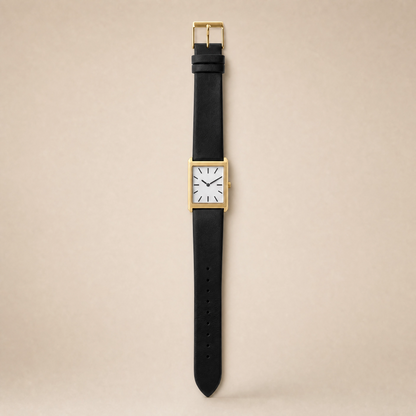 26mm Rectangular Quartz Watch with Black Leather Strap and Warm-Tone Case