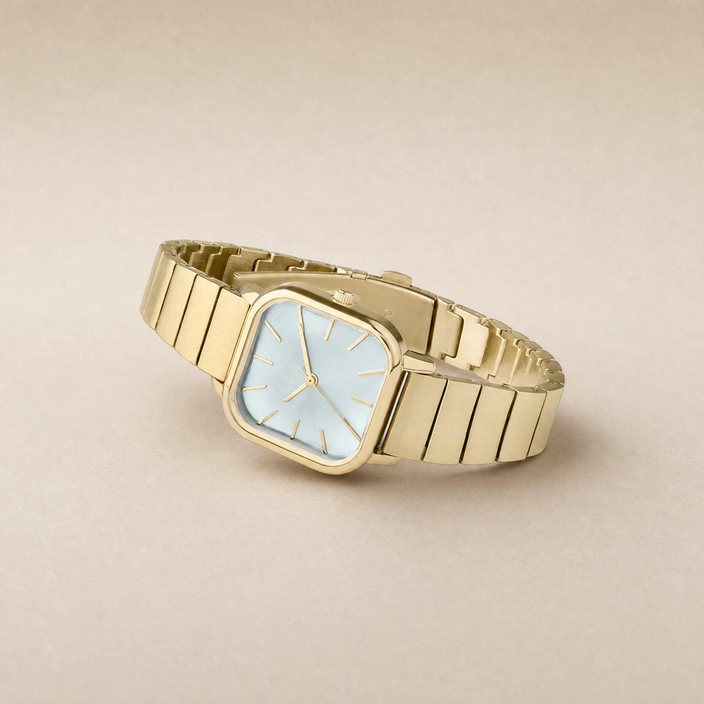 26mm Square Quartz Watch with Light Dial and Warm-Tone Bracelet