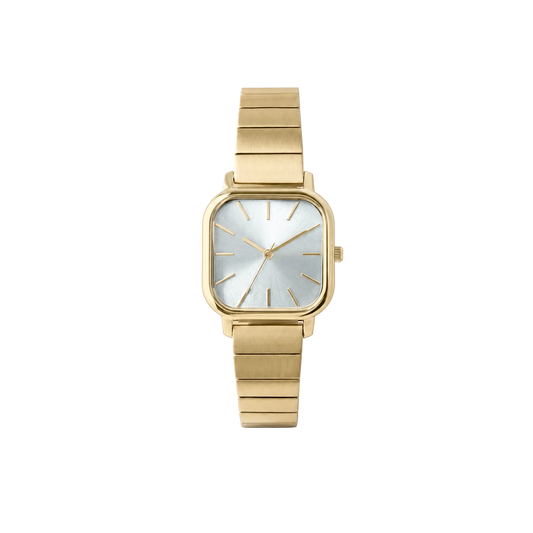 26mm Square Quartz Watch with Light Dial and Warm-Tone Bracelet
