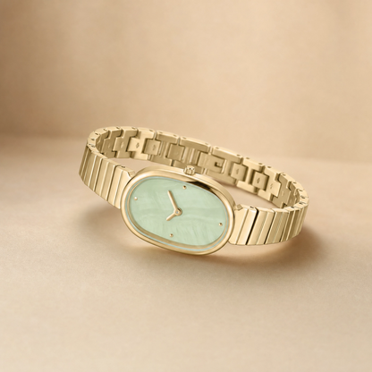 35mm Oval Quartz Watch with Red Pearl-Effect Dial and Warm-Tone Bracelet
