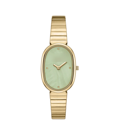 35mm Oval Quartz Watch with Red Pearl-Effect Dial and Warm-Tone Bracelet