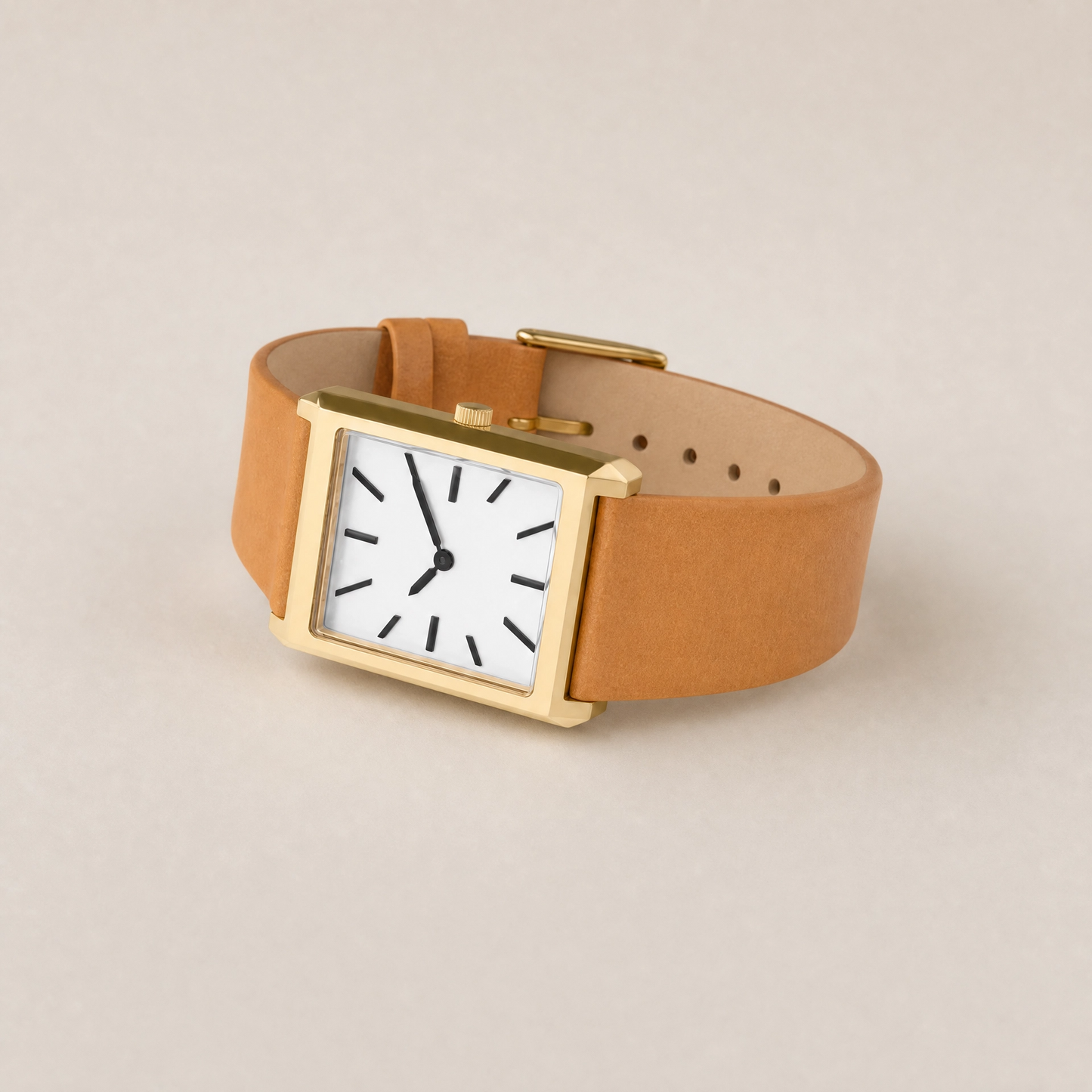 26mm Rectangular Quartz Watch with Brown Leather Strap and Warm-Tone Case