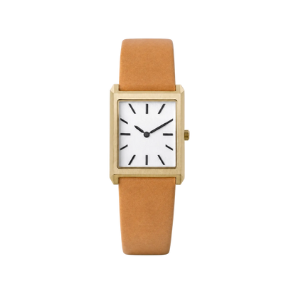 26mm Rectangular Quartz Watch with Brown Leather Strap and Warm-Tone Case