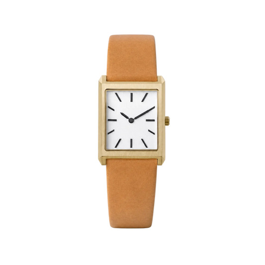 26mm Rectangular Quartz Watch with Brown Leather Strap and Warm-Tone Case