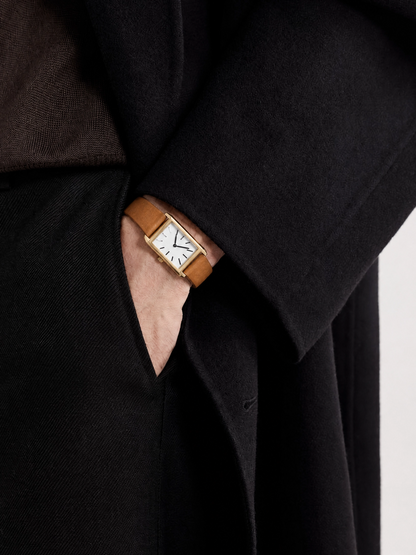 26mm Rectangular Quartz Watch with Brown Leather Strap and Warm-Tone Case