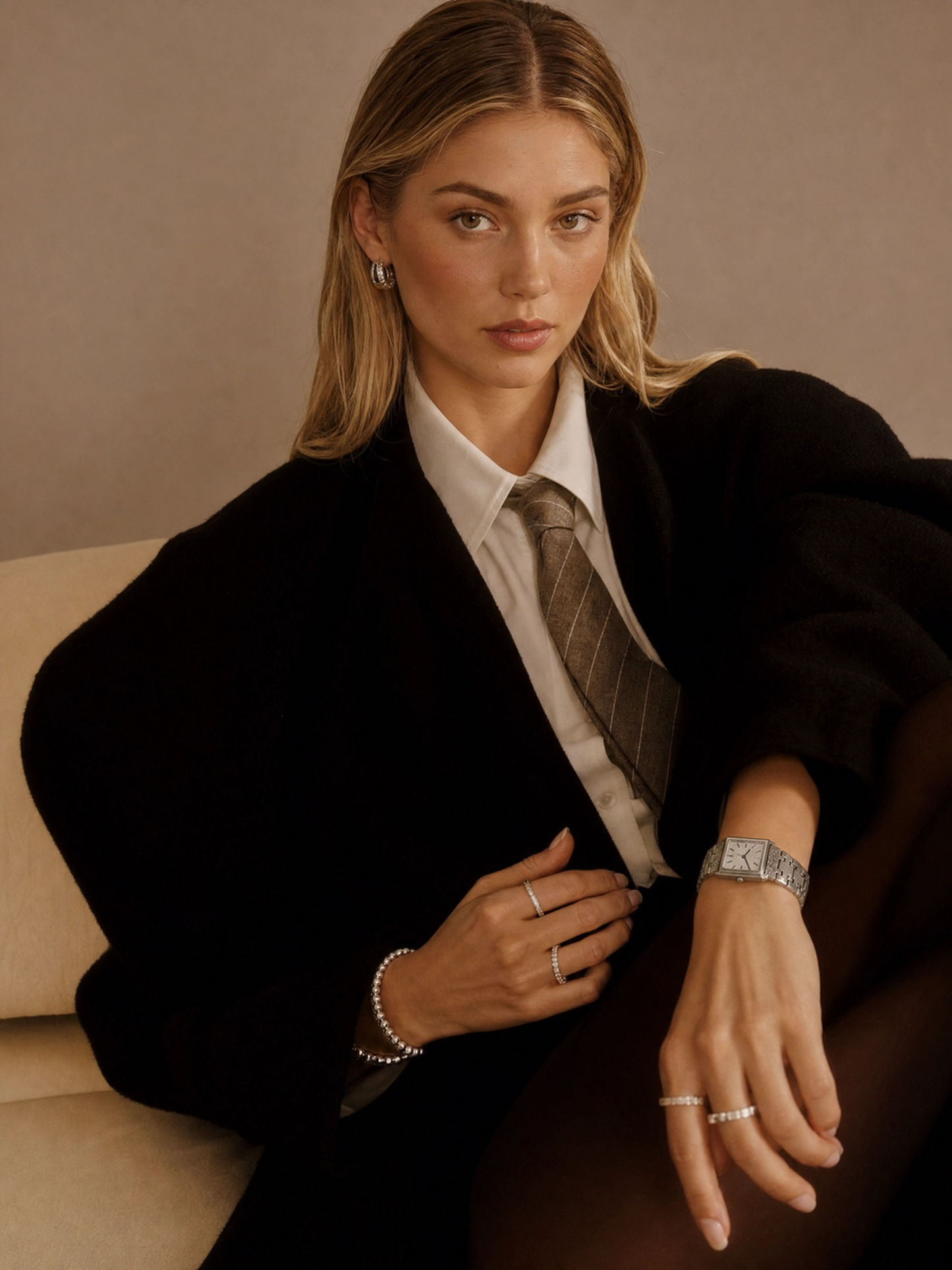 20mm Rectangular Quartz Watch with Light Dial and Silver-Tone Bracelet