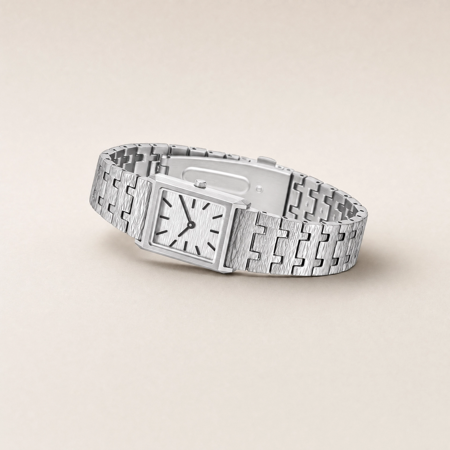 20mm Rectangular Quartz Watch with Light Dial and Silver-Tone Bracelet