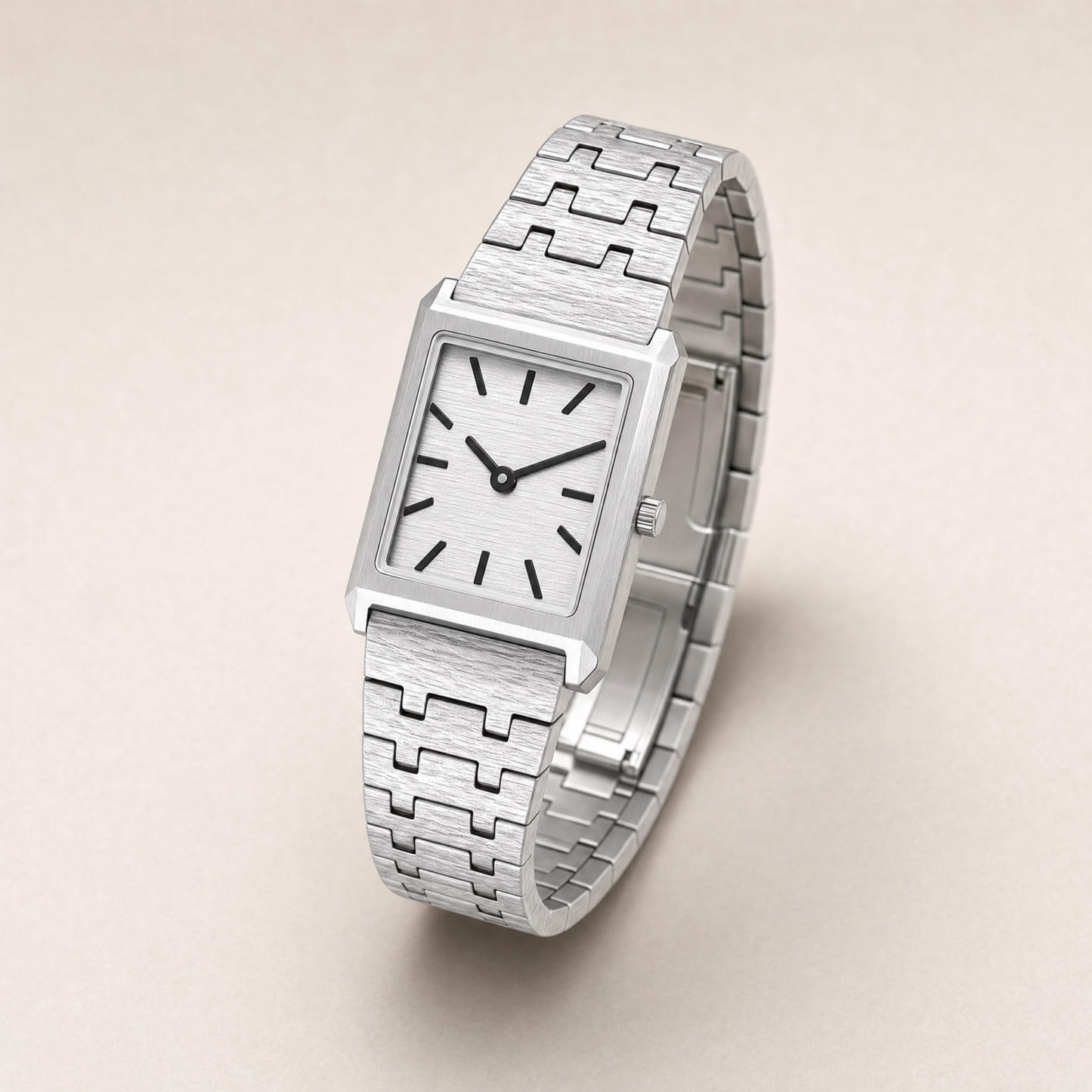 20mm Rectangular Quartz Watch with Light Dial and Silver-Tone Bracelet