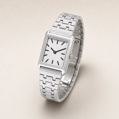 20mm Rectangular Quartz Watch with Light Dial and Silver-Tone Bracelet