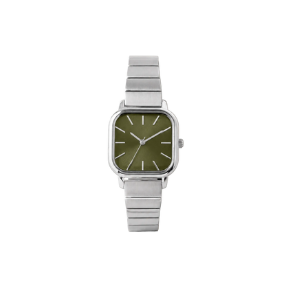 26mm Square Quartz Watch with Green Brushed Dial and Silver-Tone Bracelet