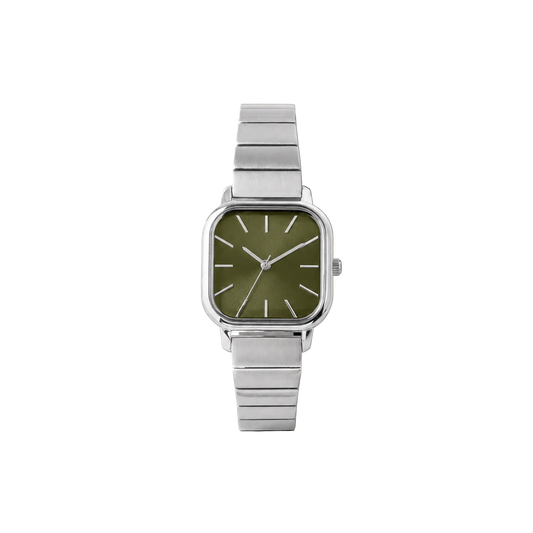 26mm Square Quartz Watch with Green Brushed Dial and Silver-Tone Bracelet