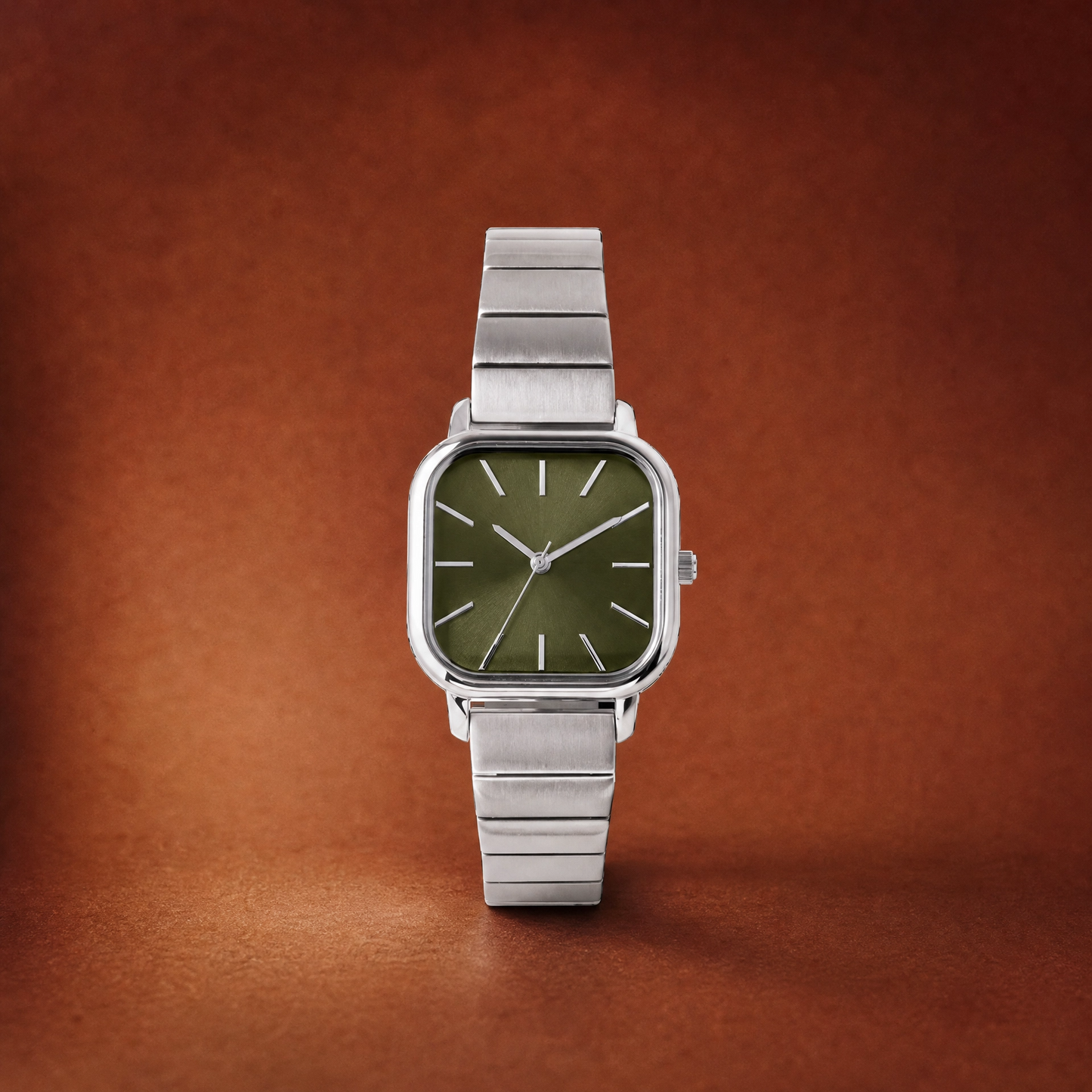 26mm Square Quartz Watch with Green Brushed Dial and Silver-Tone Bracelet