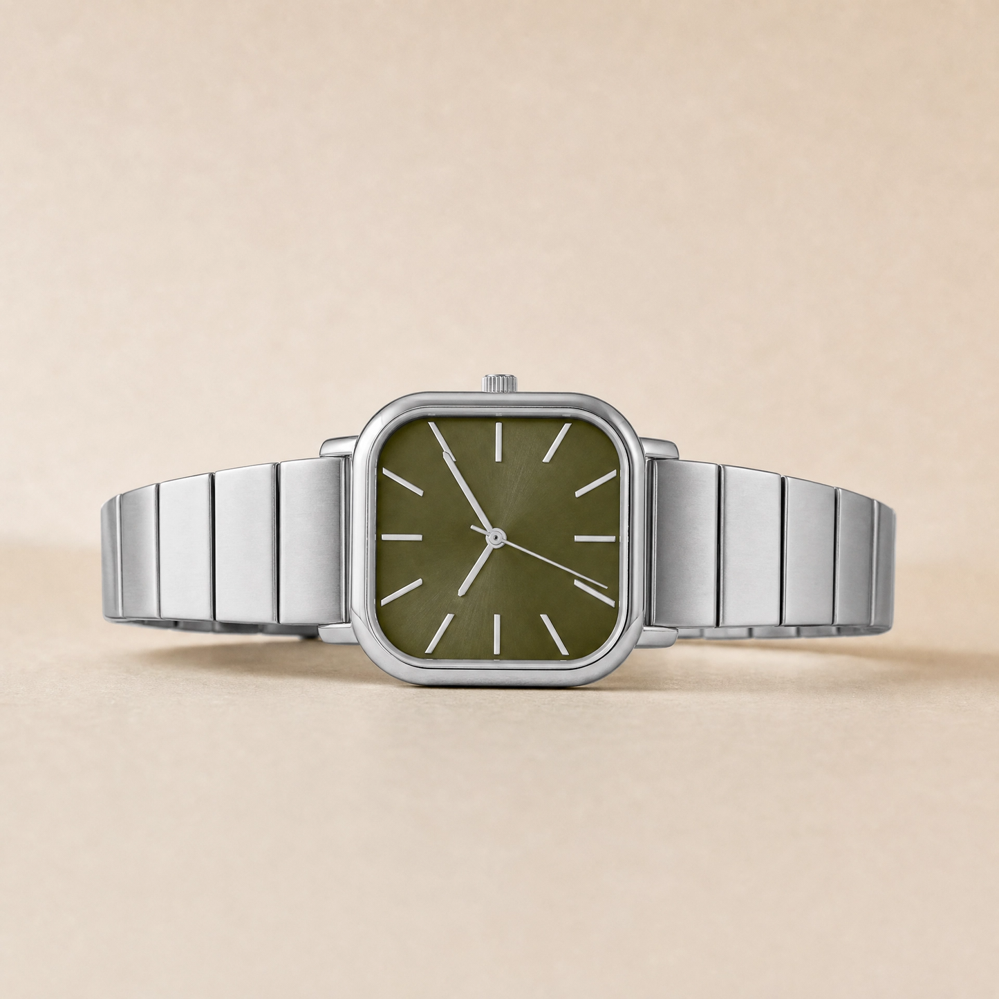 26mm Square Quartz Watch with Green Brushed Dial and Silver-Tone Bracelet