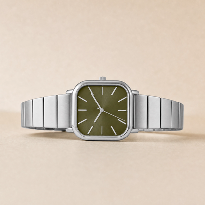 26mm Square Quartz Watch with Green Brushed Dial and Silver-Tone Bracelet