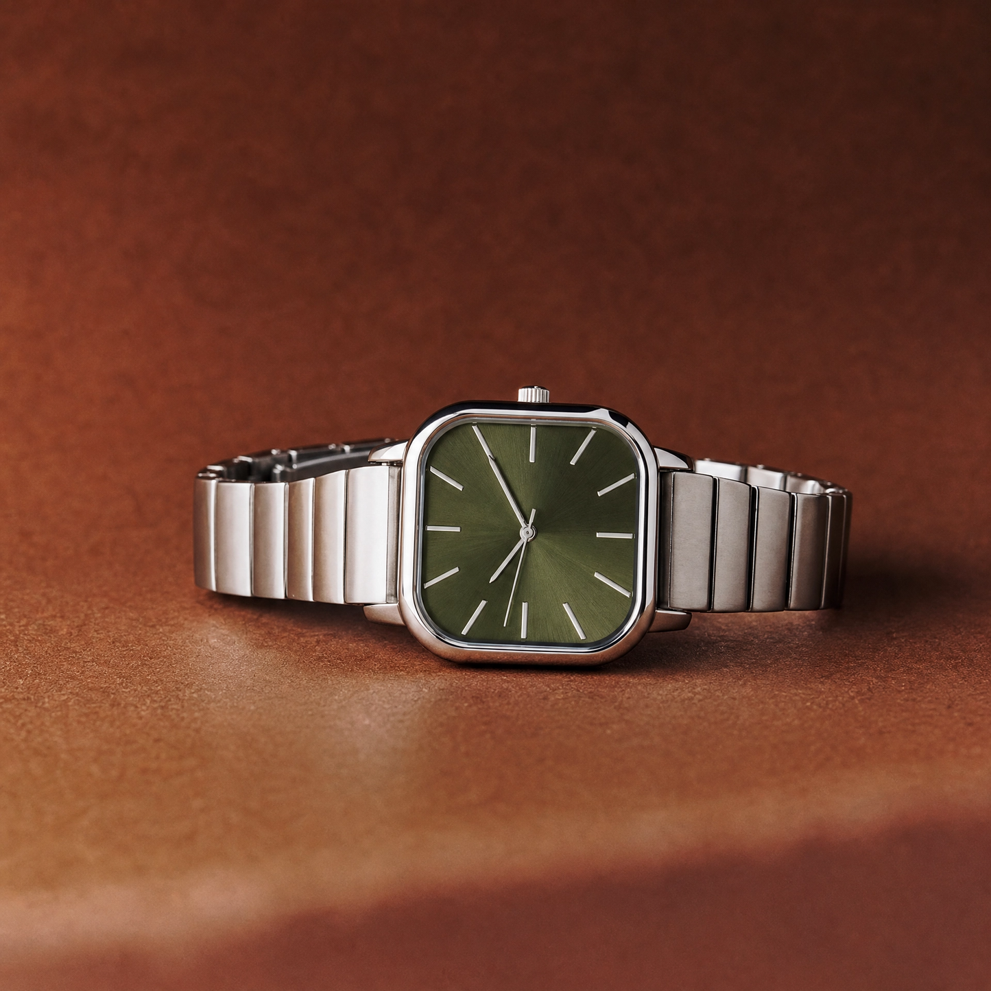 26mm Square Quartz Watch with Green Brushed Dial and Silver-Tone Bracelet