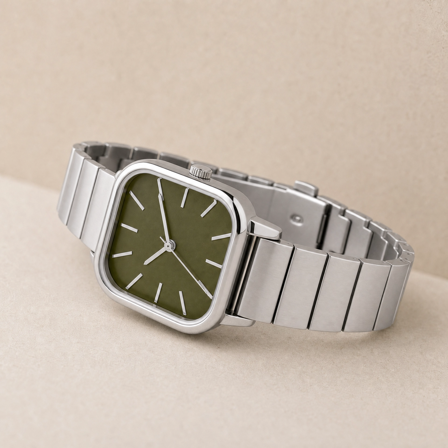 26mm Square Quartz Watch with Green Brushed Dial and Silver-Tone Bracelet