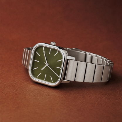 26mm Square Quartz Watch with Green Brushed Dial and Silver-Tone Bracelet