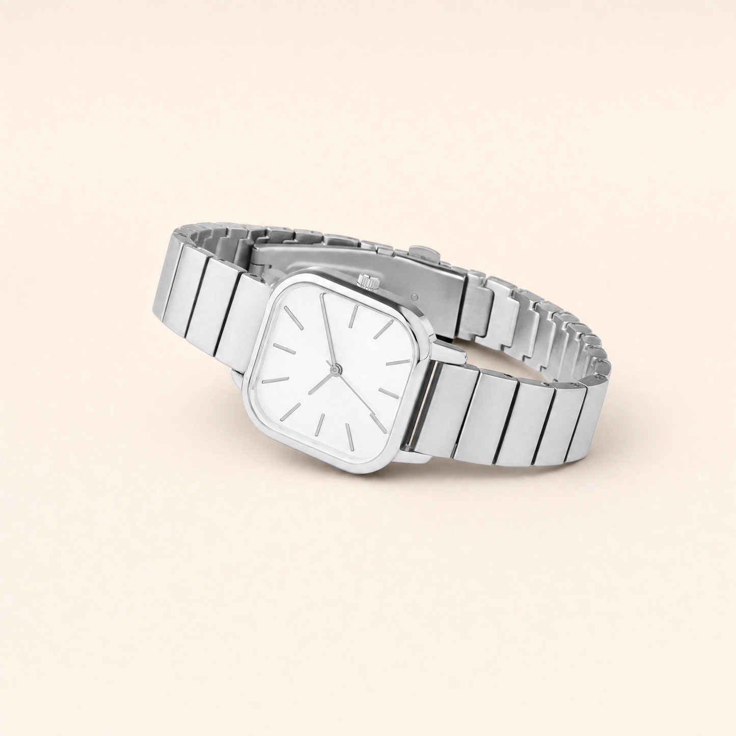 26mm Square Quartz Watch with Light Dial and Silver-Tone Bracelet