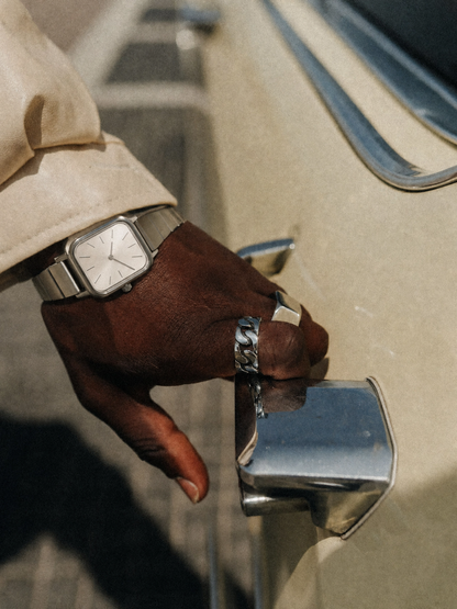 26mm Square Quartz Watch with Light Dial and Silver-Tone Bracelet
