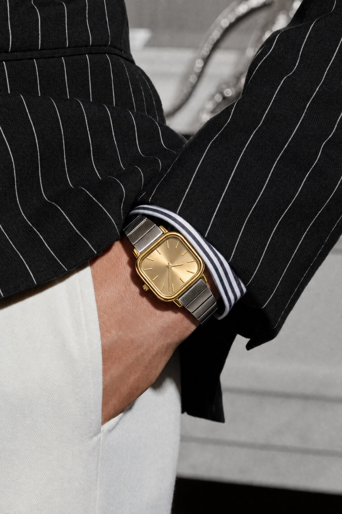 26mm Square Quartz Watch with Light Dial and Warm-Tone Bracelet