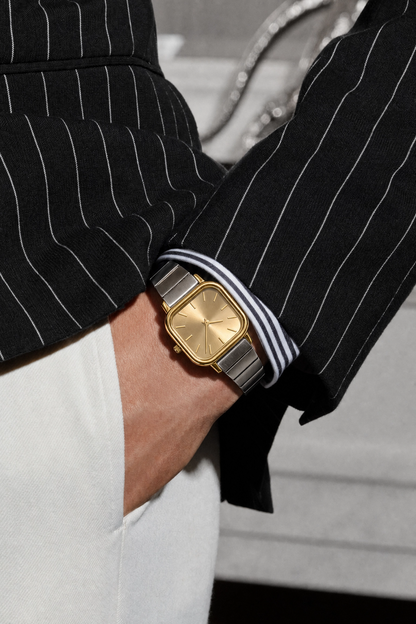 26mm Square Quartz Watch with Light Dial and Warm-Tone Bracelet