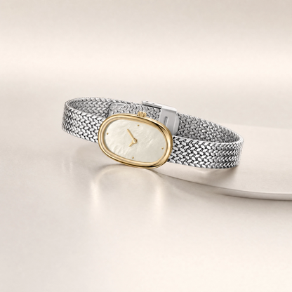 18mm Rectangular Quartz Watch with Red Pearl-Effect Dial and Two-Tone Mesh Bracelet