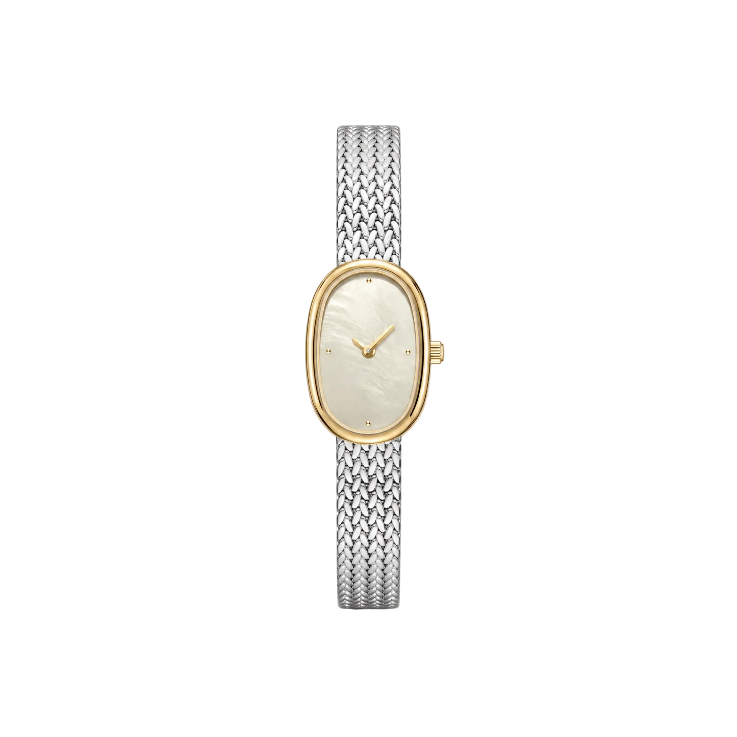18mm Rectangular Quartz Watch with Red Pearl-Effect Dial and Two-Tone Mesh Bracelet