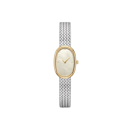 18mm Rectangular Quartz Watch with Red Pearl-Effect Dial and Two-Tone Mesh Bracelet