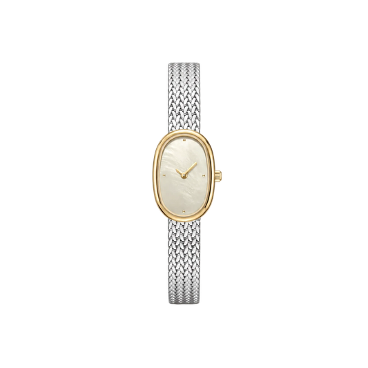 18mm Rectangular Quartz Watch with Red Pearl-Effect Dial and Two-Tone Mesh Bracelet